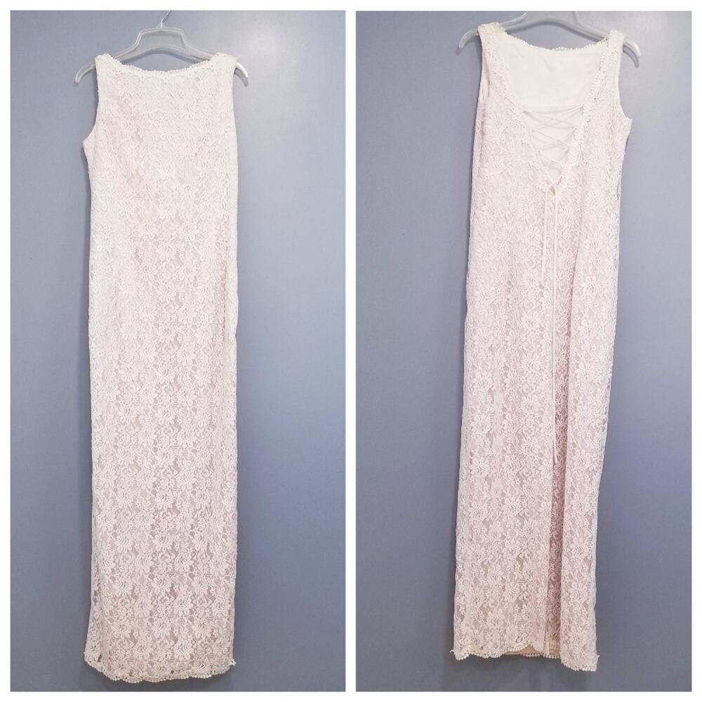 Vintage Scott McClintock All Lace Bridal Dress Lace Up Back w/ Slit Sleeveless